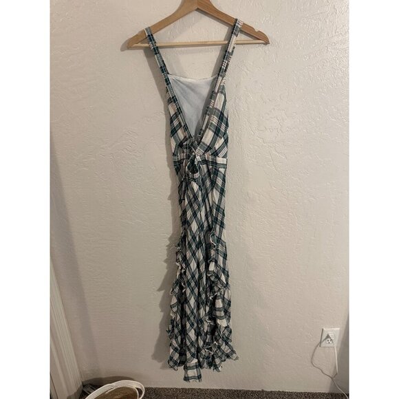 Max Studio Vintage Linen Spring Gingham Plaid Ruffle Slit Maxi Dress - Picture 9 of 12